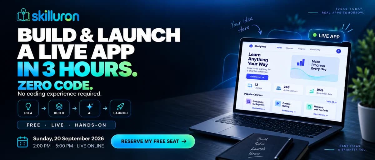 Build & Launch a Live App in 3 Hours — Zero Code. Sunday, 20 September 2026, 2:00 PM – 5:00 PM, Live Online.