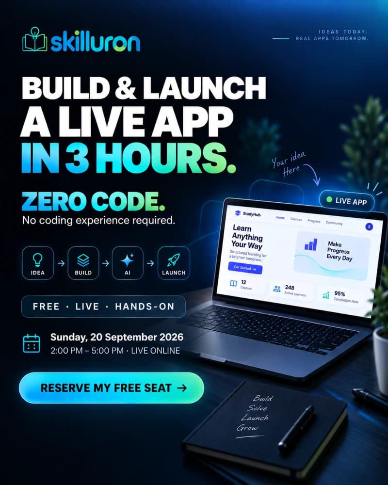 Build & Launch a Live App in 3 Hours — Zero Code. Sunday, 20 September 2026, 2:00 PM – 5:00 PM, Live Online.